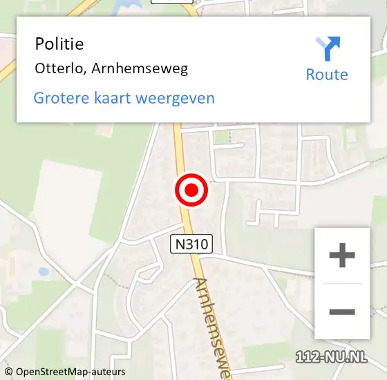 Locatie op kaart van de 112 melding: Politie Otterlo, Arnhemseweg op 14 mei 2022 17:40