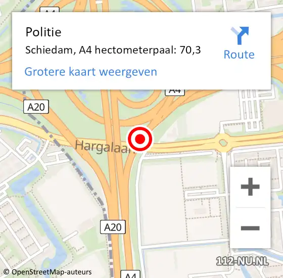 Locatie op kaart van de 112 melding: Politie Schiedam, A4 hectometerpaal: 70,3 op 14 mei 2022 18:34