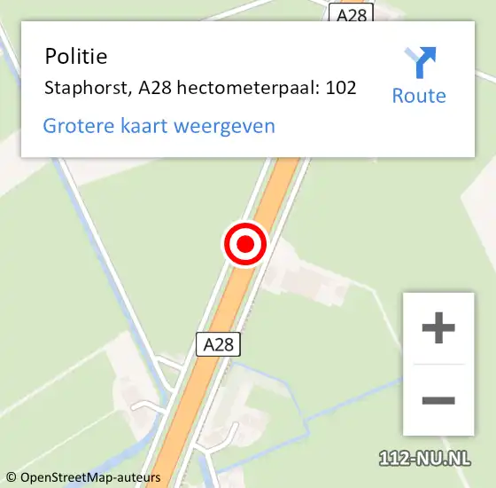 Locatie op kaart van de 112 melding: Politie Staphorst, A28 hectometerpaal: 102 op 14 mei 2022 19:03