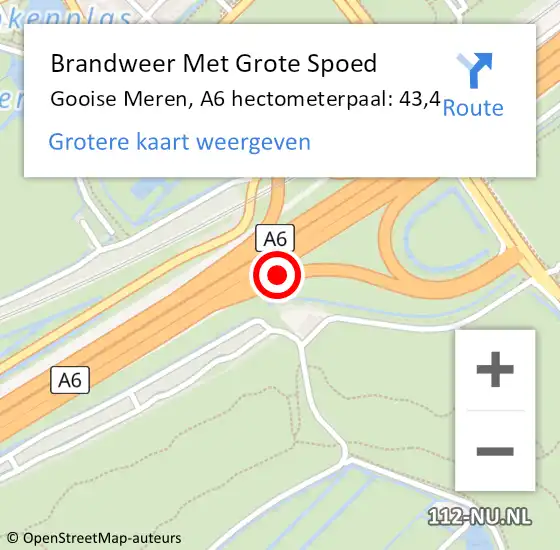 Locatie op kaart van de 112 melding: Brandweer Met Grote Spoed Naar Gooise Meren, A6 hectometerpaal: 43,4 op 14 mei 2022 22:37