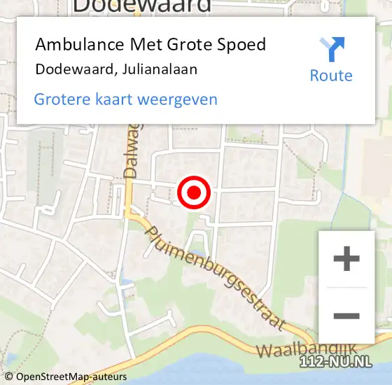 Locatie op kaart van de 112 melding: Ambulance Met Grote Spoed Naar Dodewaard, Julianalaan op 15 mei 2022 02:24