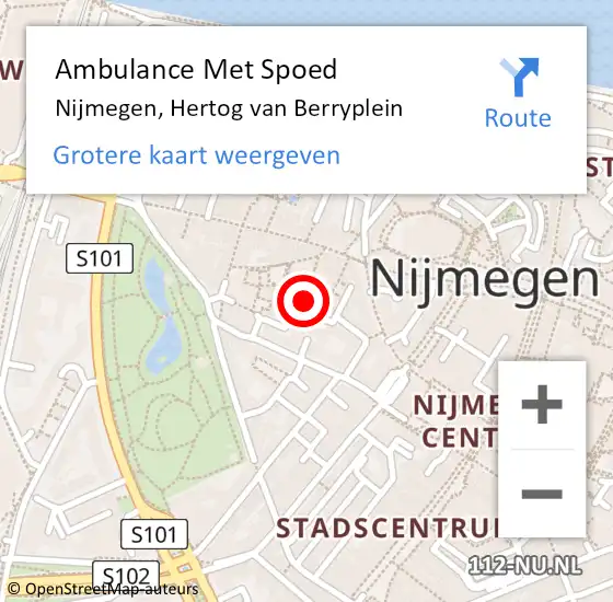 Locatie op kaart van de 112 melding: Ambulance Met Spoed Naar Nijmegen, Hertog van Berryplein op 15 mei 2022 02:57