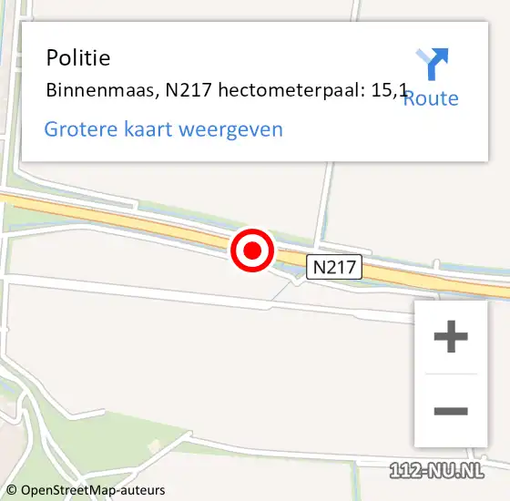 Locatie op kaart van de 112 melding: Politie Binnenmaas, N217 hectometerpaal: 15,1 op 15 mei 2022 05:13