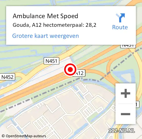 Locatie op kaart van de 112 melding: Ambulance Met Spoed Naar Gouda, A12 hectometerpaal: 28,2 op 15 mei 2022 09:44