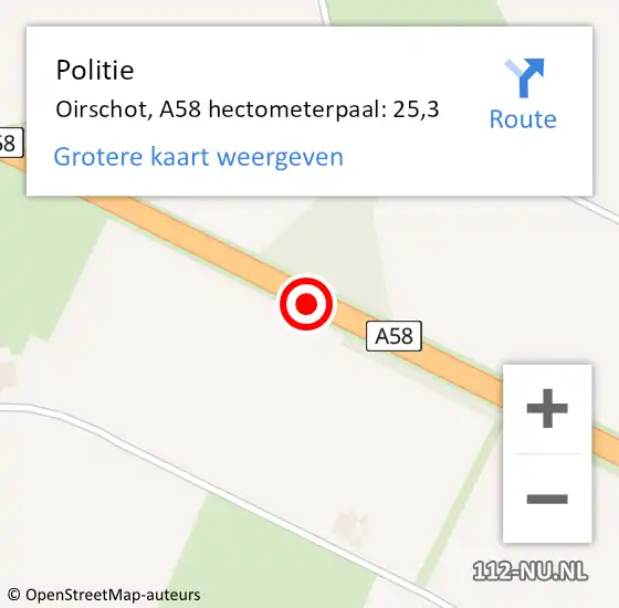 Locatie op kaart van de 112 melding: Politie Oirschot, A58 hectometerpaal: 25,3 op 15 mei 2022 14:30