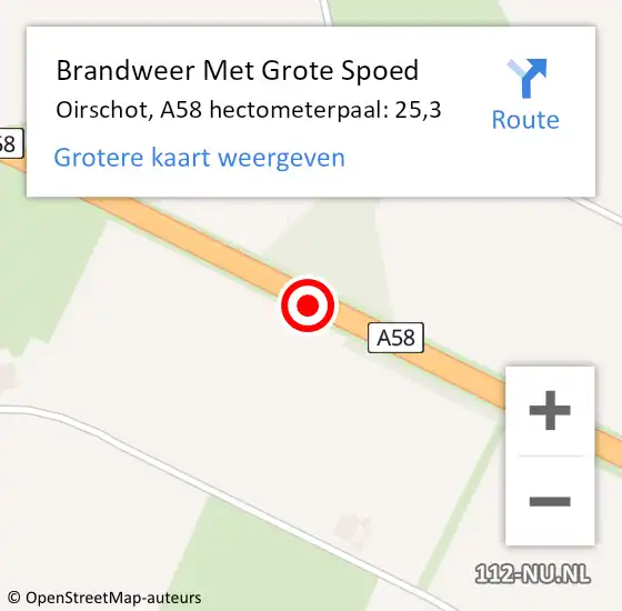 Locatie op kaart van de 112 melding: Brandweer Met Grote Spoed Naar Oirschot, A58 hectometerpaal: 25,3 op 15 mei 2022 14:30