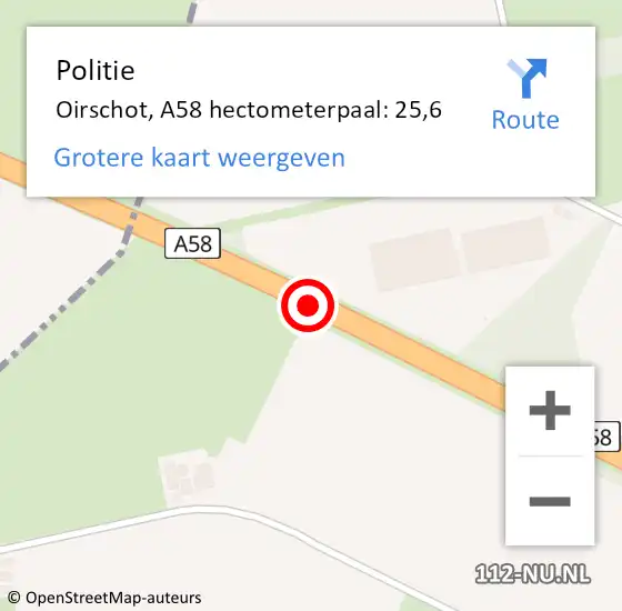 Locatie op kaart van de 112 melding: Politie Oirschot, A58 hectometerpaal: 25,6 op 15 mei 2022 14:30