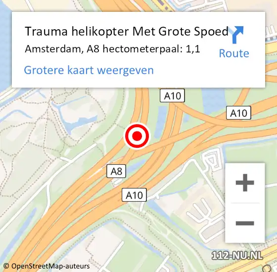Locatie op kaart van de 112 melding: Trauma helikopter Met Grote Spoed Naar Amsterdam, A8 hectometerpaal: 1,1 op 15 mei 2022 15:39