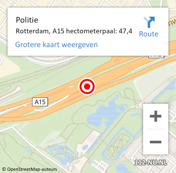 Locatie op kaart van de 112 melding: Politie Rotterdam, A15 hectometerpaal: 47,4 op 15 mei 2022 18:44