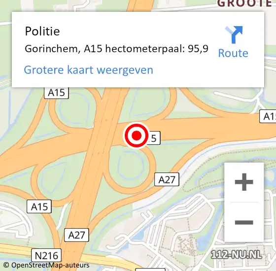 Locatie op kaart van de 112 melding: Politie Gorinchem, A15 hectometerpaal: 95,9 op 15 mei 2022 20:24