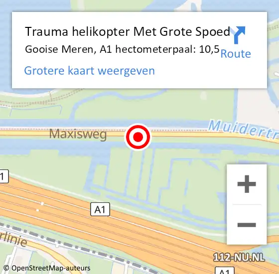 Locatie op kaart van de 112 melding: Trauma helikopter Met Grote Spoed Naar Gooise Meren, A1 hectometerpaal: 10,5 op 15 mei 2022 20:57