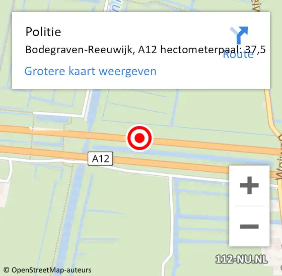 Locatie op kaart van de 112 melding: Politie Bodegraven-Reeuwijk, A12 hectometerpaal: 37,5 op 15 mei 2022 21:13