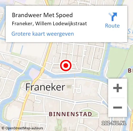 Locatie op kaart van de 112 melding: Brandweer Met Spoed Naar Franeker, Willem Lodewijkstraat op 15 mei 2022 21:15