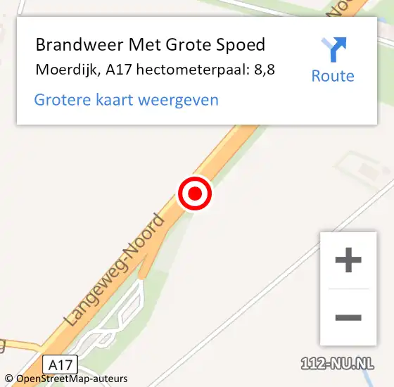 Locatie op kaart van de 112 melding: Brandweer Met Grote Spoed Naar Moerdijk, A17 hectometerpaal: 8,8 op 15 mei 2022 23:42
