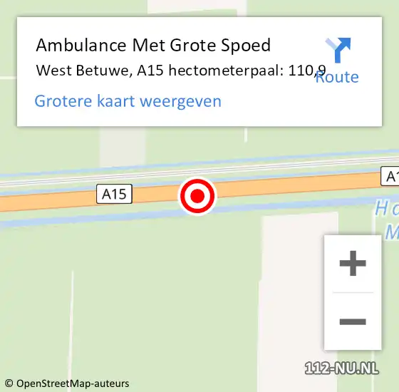 Locatie op kaart van de 112 melding: Ambulance Met Grote Spoed Naar West Betuwe, A15 hectometerpaal: 110,9 op 15 mei 2022 23:59