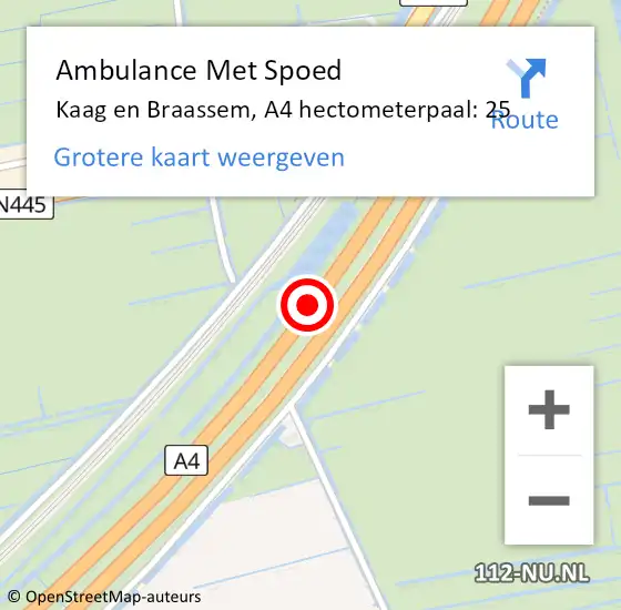 Locatie op kaart van de 112 melding: Ambulance Met Spoed Naar Kaag en Braassem, A4 hectometerpaal: 25 op 16 mei 2022 01:11