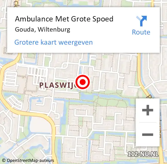 Locatie op kaart van de 112 melding: Ambulance Met Grote Spoed Naar Gouda, Wiltenburg op 16 mei 2022 01:55