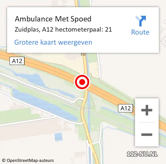 Locatie op kaart van de 112 melding: Ambulance Met Spoed Naar Zuidplas, A12 hectometerpaal: 21 op 16 mei 2022 08:14