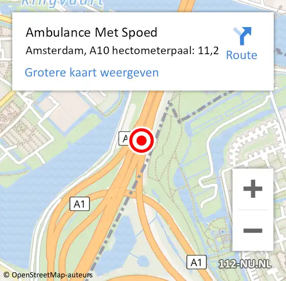 Locatie op kaart van de 112 melding: Ambulance Met Spoed Naar Amsterdam, A10 hectometerpaal: 11,2 op 16 mei 2022 08:34