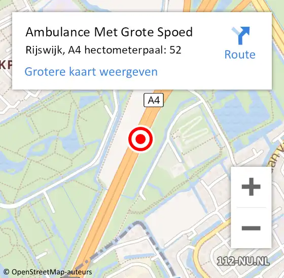 Locatie op kaart van de 112 melding: Ambulance Met Grote Spoed Naar Rijswijk, A4 hectometerpaal: 52 op 16 mei 2022 09:28