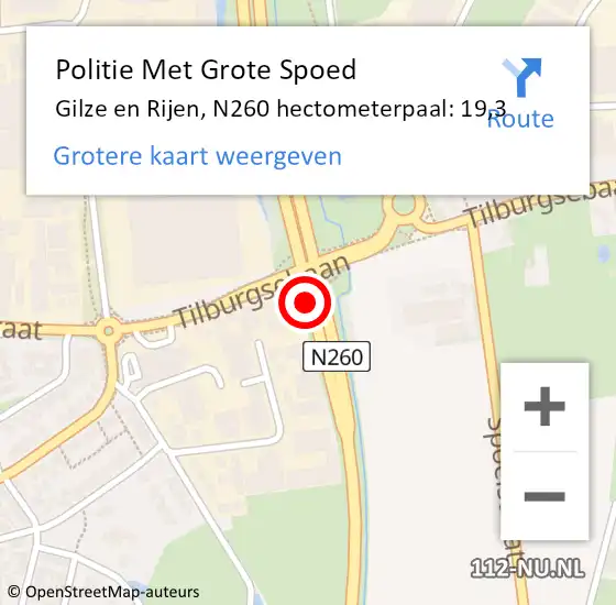 Locatie op kaart van de 112 melding: Politie Met Grote Spoed Naar Gilze en Rijen, N260 hectometerpaal: 19,3 op 16 mei 2022 12:47