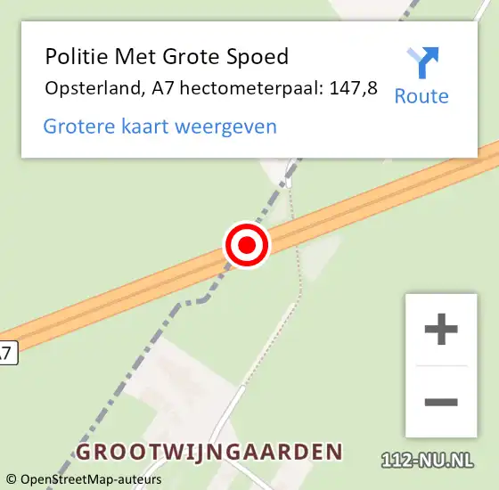 Locatie op kaart van de 112 melding: Politie Met Grote Spoed Naar Opsterland, A7 hectometerpaal: 147,8 op 16 mei 2022 12:53