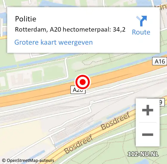 Locatie op kaart van de 112 melding: Politie Rotterdam, A20 hectometerpaal: 34,2 op 16 mei 2022 13:40