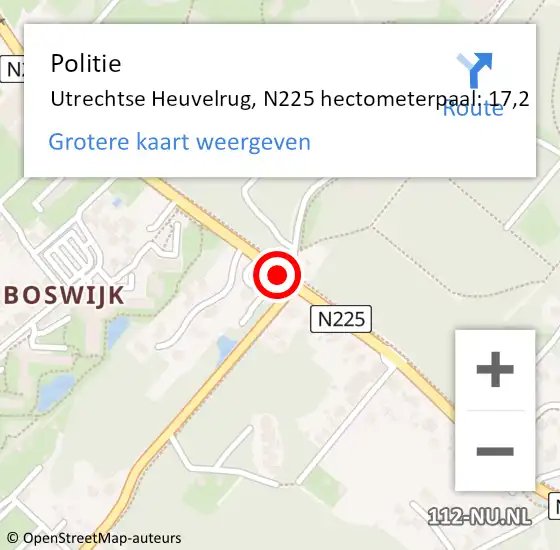 Locatie op kaart van de 112 melding: Politie Utrechtse Heuvelrug, N225 hectometerpaal: 17,2 op 16 mei 2022 15:29