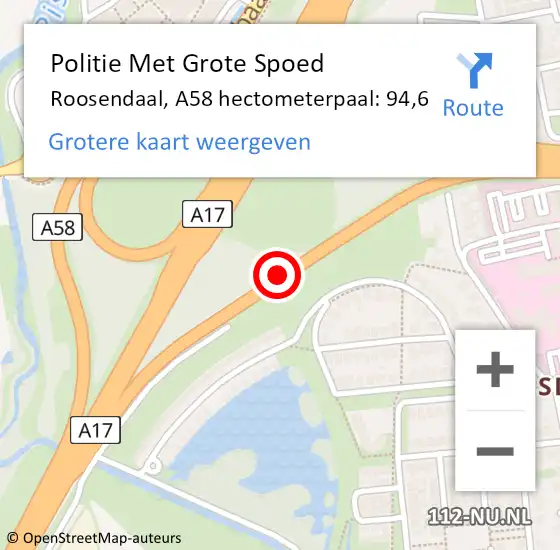 Locatie op kaart van de 112 melding: Politie Met Grote Spoed Naar Roosendaal, A58 hectometerpaal: 94,6 op 16 mei 2022 16:36