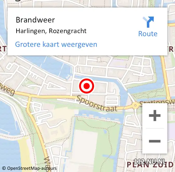 Locatie op kaart van de 112 melding: Brandweer Harlingen, Rozengracht op 16 mei 2022 16:51