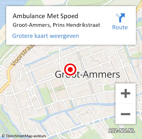 Locatie op kaart van de 112 melding: Ambulance Met Spoed Naar Groot-Ammers, Prins Hendrikstraat op 16 mei 2022 17:18