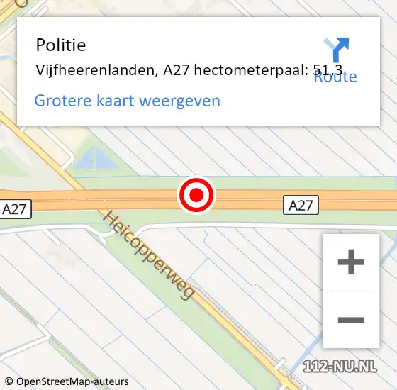 Locatie op kaart van de 112 melding: Politie Vijfheerenlanden, A27 hectometerpaal: 51,3 op 16 mei 2022 17:40