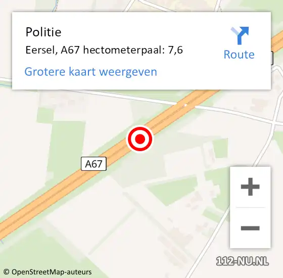 Locatie op kaart van de 112 melding: Politie Eersel, A67 hectometerpaal: 7,6 op 16 mei 2022 17:51