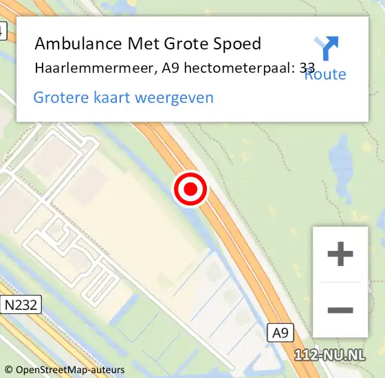 Locatie op kaart van de 112 melding: Ambulance Met Grote Spoed Naar Haarlemmermeer, A9 hectometerpaal: 33 op 16 mei 2022 18:07