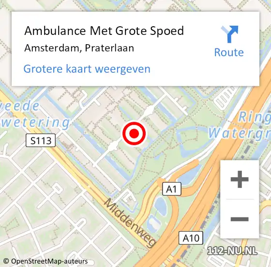 Locatie op kaart van de 112 melding: Ambulance Met Grote Spoed Naar Amsterdam, Praterlaan op 16 mei 2022 19:04