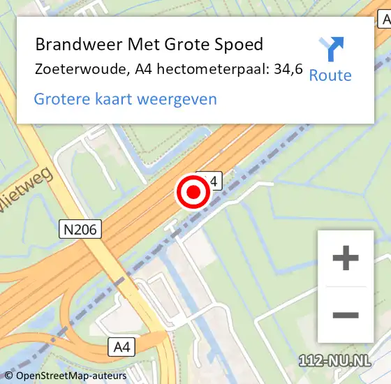 Locatie op kaart van de 112 melding: Brandweer Met Grote Spoed Naar Zoeterwoude, A4 hectometerpaal: 34,6 op 16 mei 2022 20:06