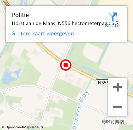 Locatie op kaart van de 112 melding: Politie Horst aan de Maas, N556 hectometerpaal: 6,7 op 16 mei 2022 21:01