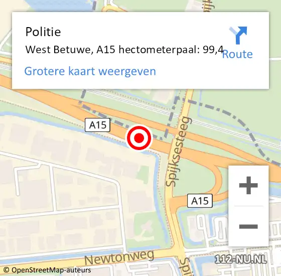 Locatie op kaart van de 112 melding: Politie West Betuwe, A15 hectometerpaal: 99,4 op 16 mei 2022 21:18