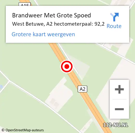 Locatie op kaart van de 112 melding: Brandweer Met Grote Spoed Naar West Betuwe, A2 hectometerpaal: 92,2 op 16 mei 2022 21:40