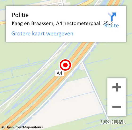 Locatie op kaart van de 112 melding: Politie Kaag en Braassem, A4 hectometerpaal: 25,2 op 16 mei 2022 21:50