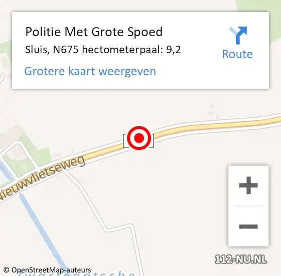 Locatie op kaart van de 112 melding: Politie Met Grote Spoed Naar Sluis, N675 hectometerpaal: 9,2 op 16 mei 2022 22:30