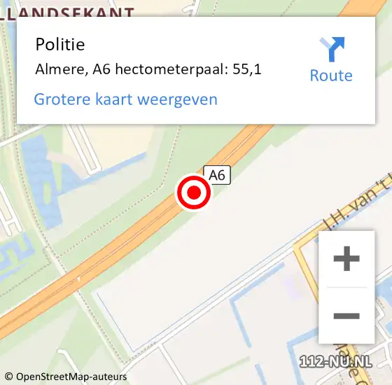 Locatie op kaart van de 112 melding: Politie Almere, A6 hectometerpaal: 55,1 op 16 mei 2022 23:06