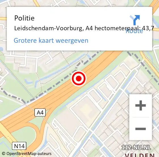 Locatie op kaart van de 112 melding: Politie Leidschendam-Voorburg, A4 hectometerpaal: 43,7 op 17 mei 2022 01:28