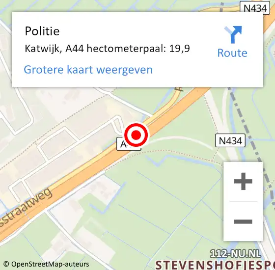 Locatie op kaart van de 112 melding: Politie Katwijk, A44 hectometerpaal: 19,9 op 17 mei 2022 02:05