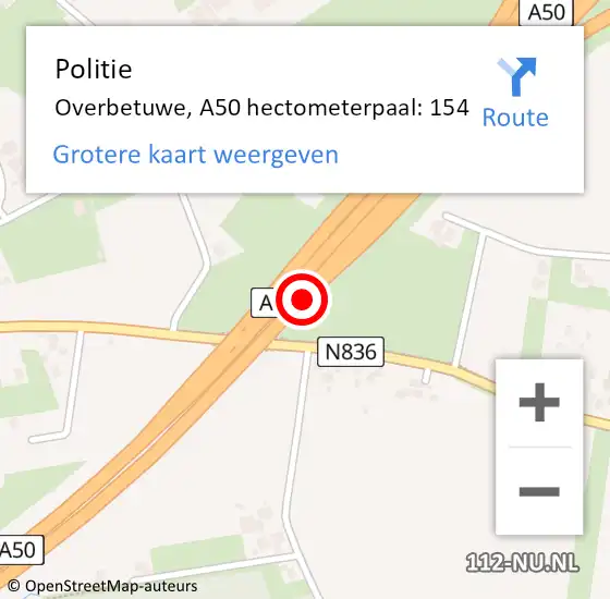 Locatie op kaart van de 112 melding: Politie Overbetuwe, A50 hectometerpaal: 154 op 17 mei 2022 03:30