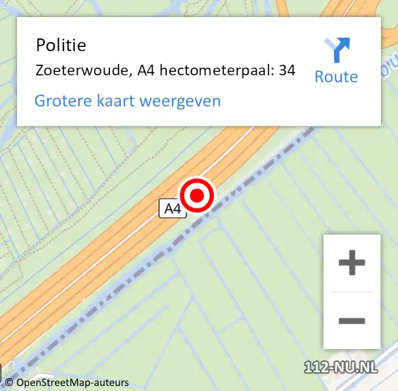 Locatie op kaart van de 112 melding: Politie Zoeterwoude, A4 hectometerpaal: 34 op 17 mei 2022 06:20