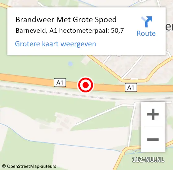 Locatie op kaart van de 112 melding: Brandweer Met Grote Spoed Naar Barneveld, A1 hectometerpaal: 50,7 op 17 mei 2022 07:14