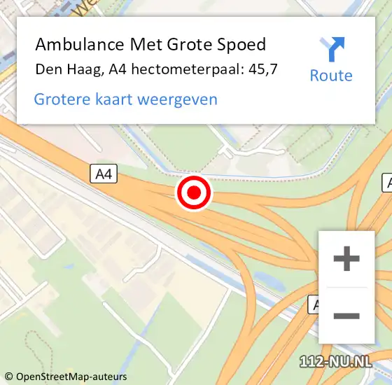 Locatie op kaart van de 112 melding: Ambulance Met Grote Spoed Naar Den Haag, A4 hectometerpaal: 45,7 op 17 mei 2022 07:54