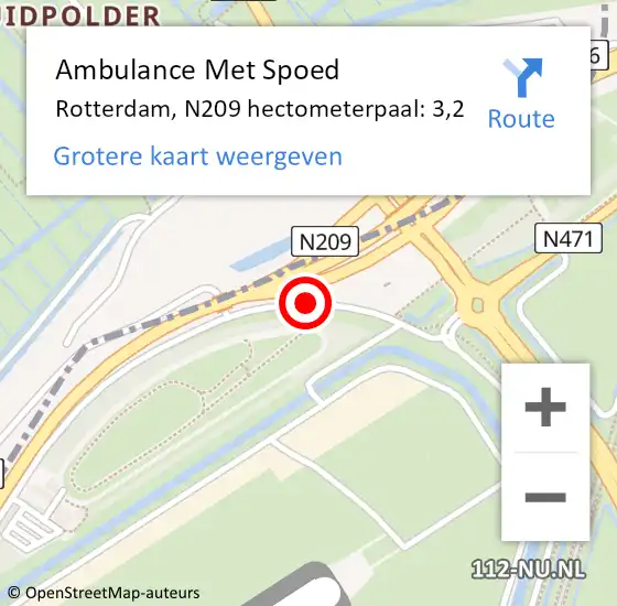 Locatie op kaart van de 112 melding: Ambulance Met Spoed Naar Rotterdam, N209 hectometerpaal: 3,2 op 17 mei 2022 08:04