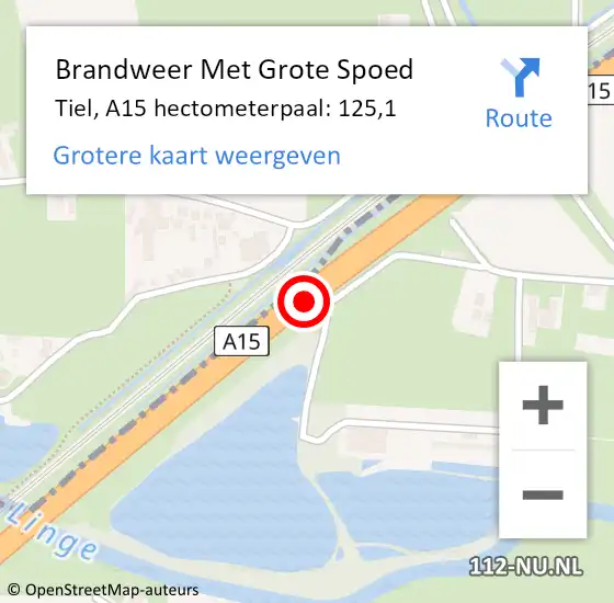 Locatie op kaart van de 112 melding: Brandweer Met Grote Spoed Naar Tiel, A15 hectometerpaal: 125,1 op 17 mei 2022 08:35